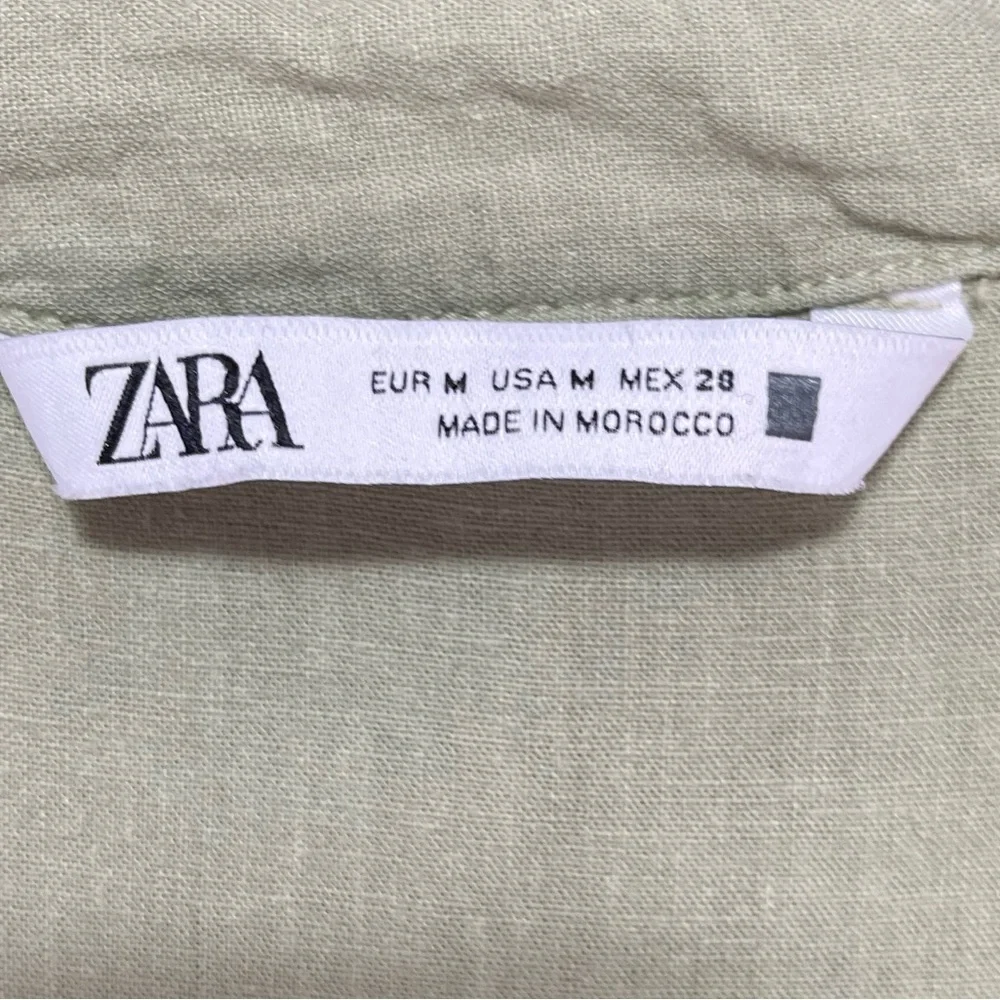 Zara sage green linen short sleeve V-neck elastic button front romper size M